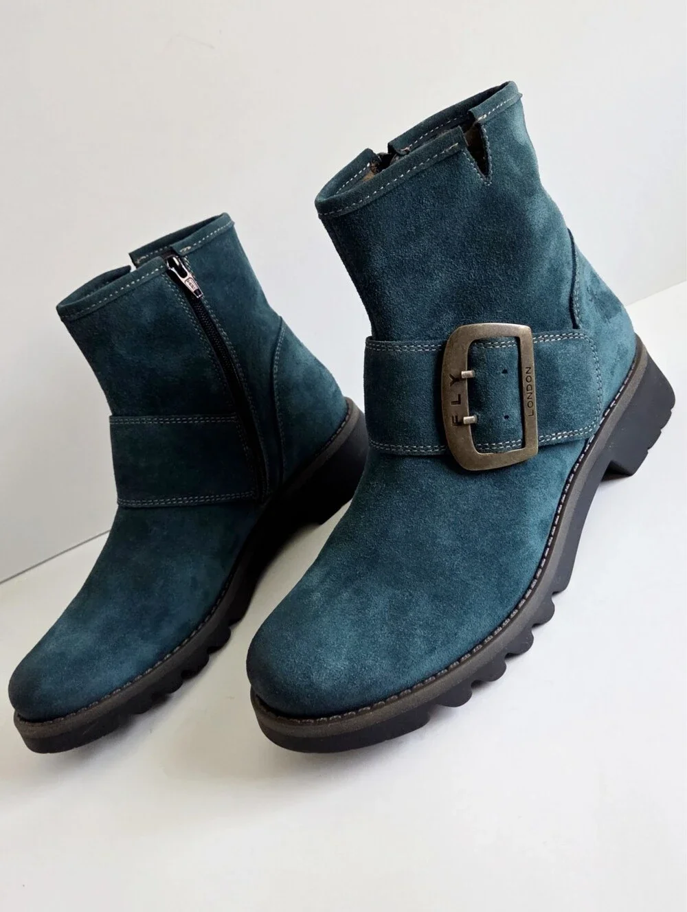 NWOT Fly London Rily Bootie "Oil Suede Petrol" / Teal, Big Buckle Sz 40, 9-9.5 - Picture 12 of 15